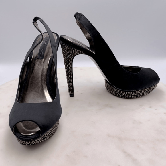 BCBGMAXAZRIA Falcon Black Satin Rhinestone Heels 8.5 Peep Toe Holiday Party - Picture 8 of 13